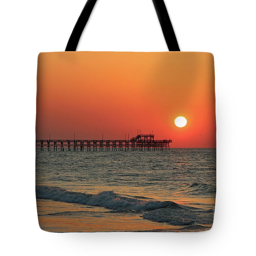 Seaview Tote Bag featuring the photograph Sunrise at Seaview Pier North Topsail Island 1289 by Jack Schultz