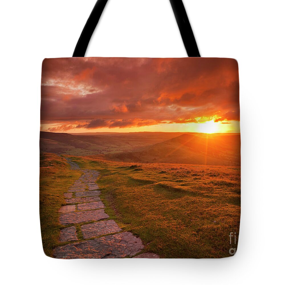 Mam Tor Path Tote Bag featuring the photograph Sunrise at the Great Ridge Mam Tor, Peak District, England by Neale And Judith Clark