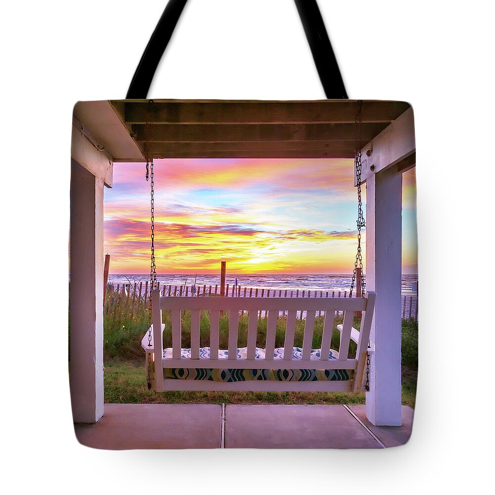 Sunrise Tote Bag featuring the photograph Sunrise Bench In Galveston by James Eddy