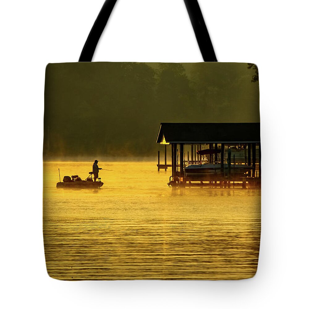 Smith Mountain Lake Tote Bag featuring the photograph Sunrise Fisherman by Deb Beausoleil