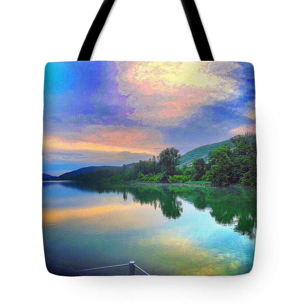 France Sunrise Reflection River Trees Clouds Morning Tote Bag featuring the digital art Sunrise in France with reflection by Kathleen Boyles