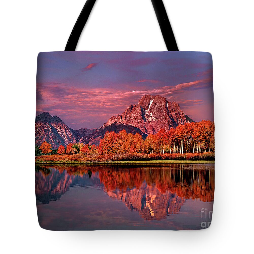 Dave Welling Tote Bag featuring the photograph Sunrise Mount Moran Oxbow Bend Grand Tetons Np by Dave Welling