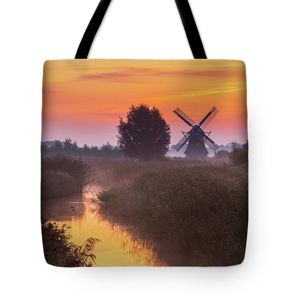 Noorddijk Tote Bag featuring the photograph Sunrise Noordermolen, Groningen, Netherlands by Henk Meijer Photography