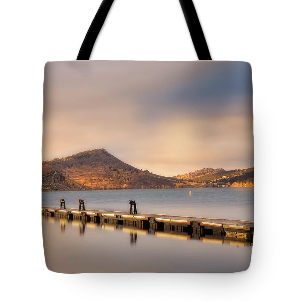 Carter Lake Tote Bag featuring the photograph Sunrise on Carter Lake Marina, Loveland, Colorado by Ronda Kimbrow