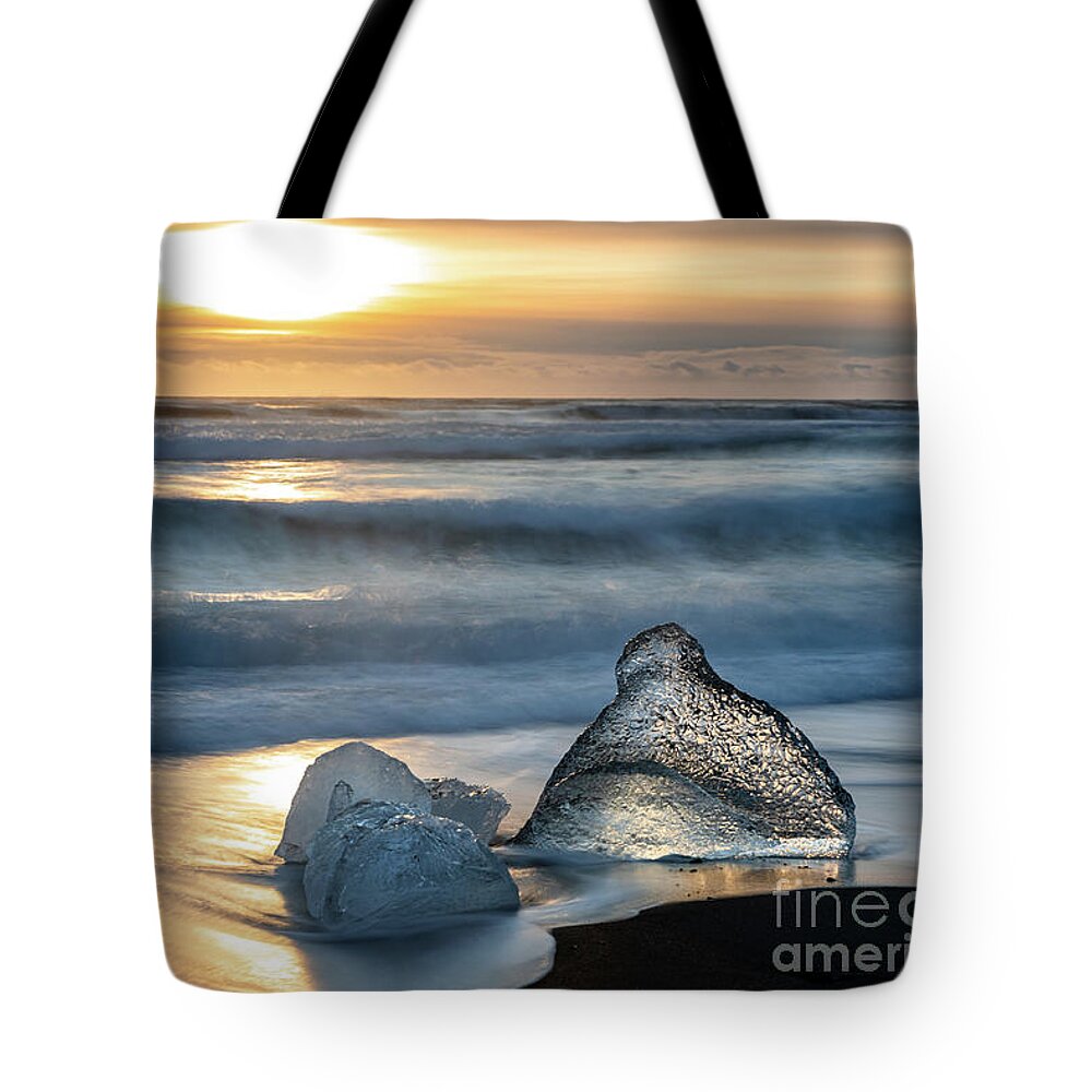 Diamond Beach Tote Bag featuring the photograph Sunrise on Diamond Beach, Iceland by Jane Rix