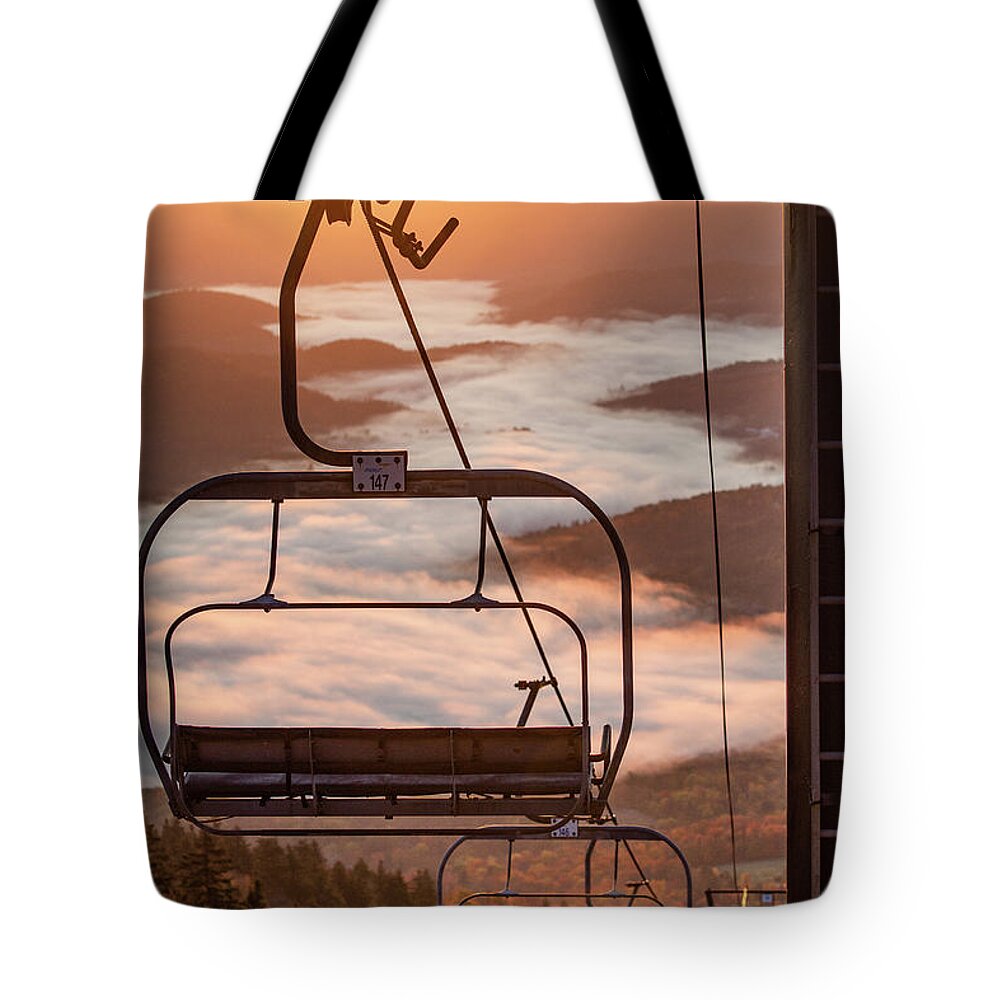 Chair Lift Tote Bag featuring the photograph Sunrise on Okemo Mountain by Denise Kopko
