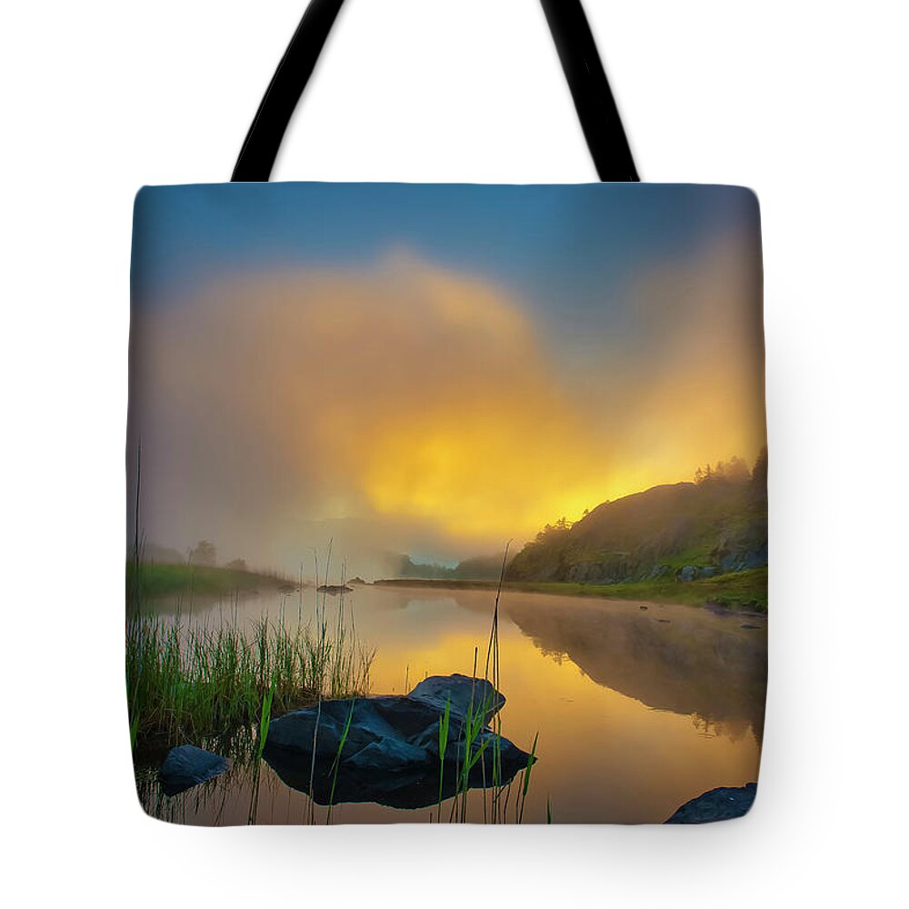 Landscape Tote Bag featuring the photograph Sunrise on the lake 1 by Remigiusz MARCZAK