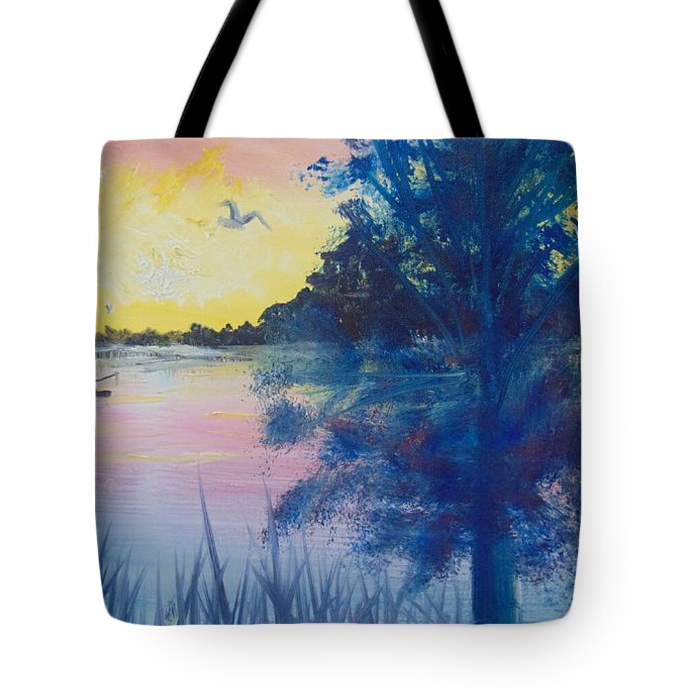 Fisherman Tote Bag featuring the painting Sunrise on the Lake by Saundra Johnson