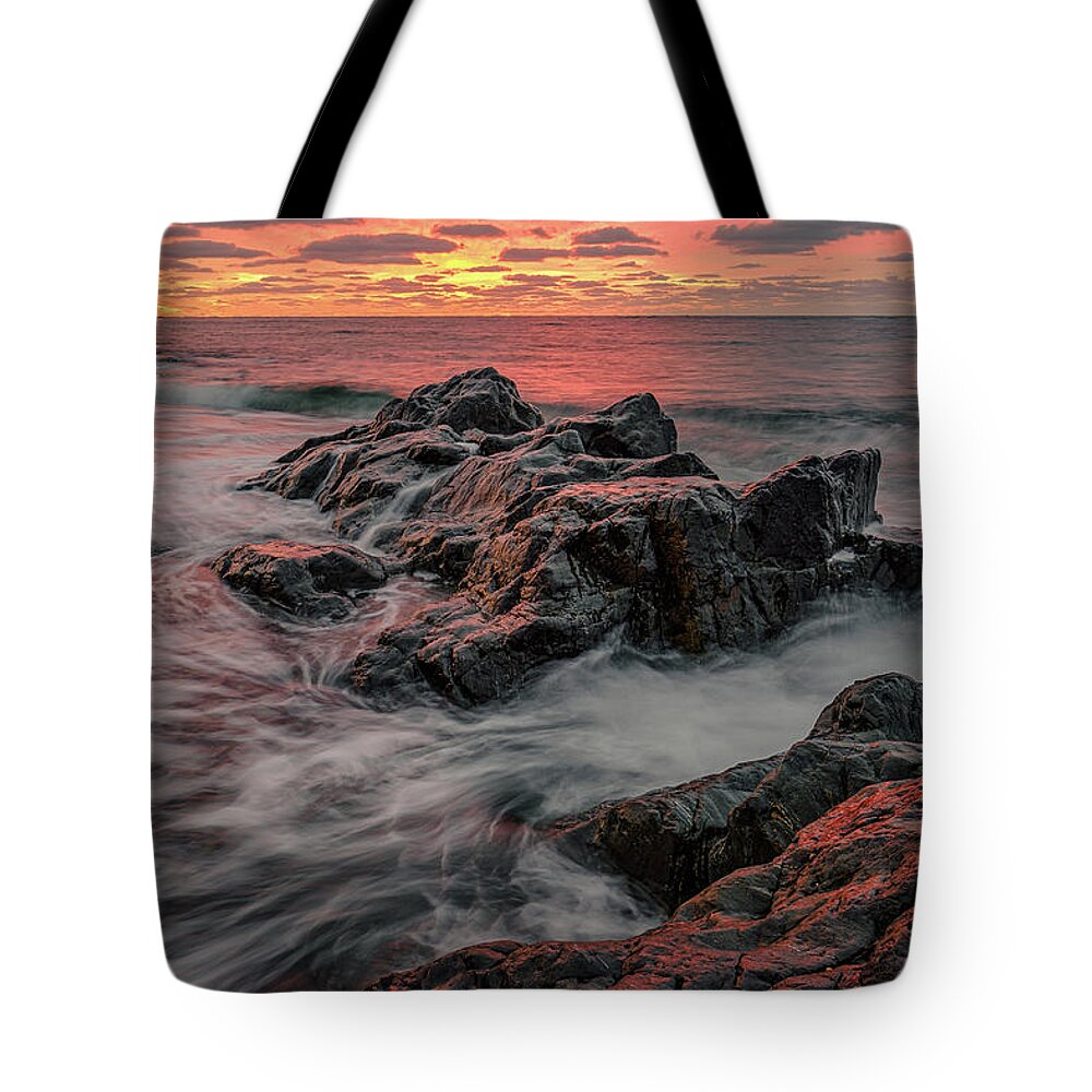 New Hampshire Tote Bag featuring the photograph Sunrise On The Rocks, Fort Foster. by Jeff Sinon