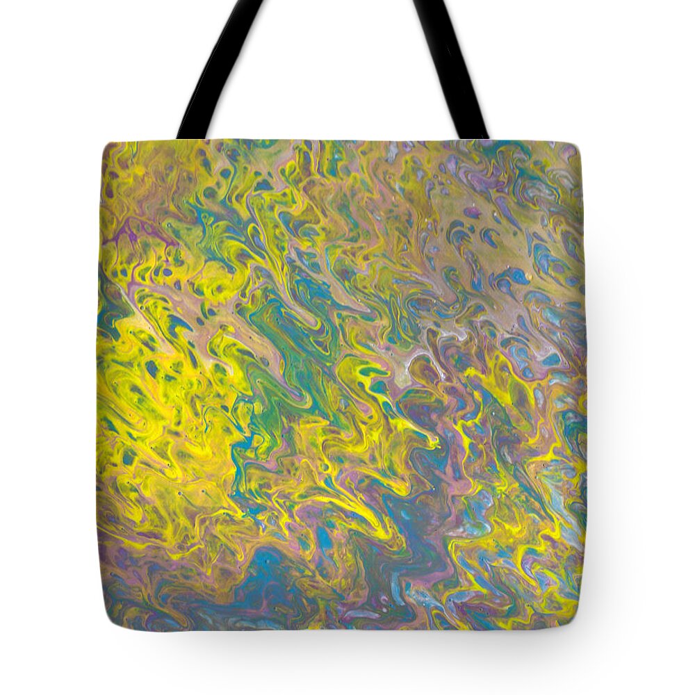 Acrylic Tote Bag featuring the painting Sunrise Over the Creek Abstract Acrylic Painting with Waves and Swirls of Yellow, Pinks, Blues by Ali Baucom