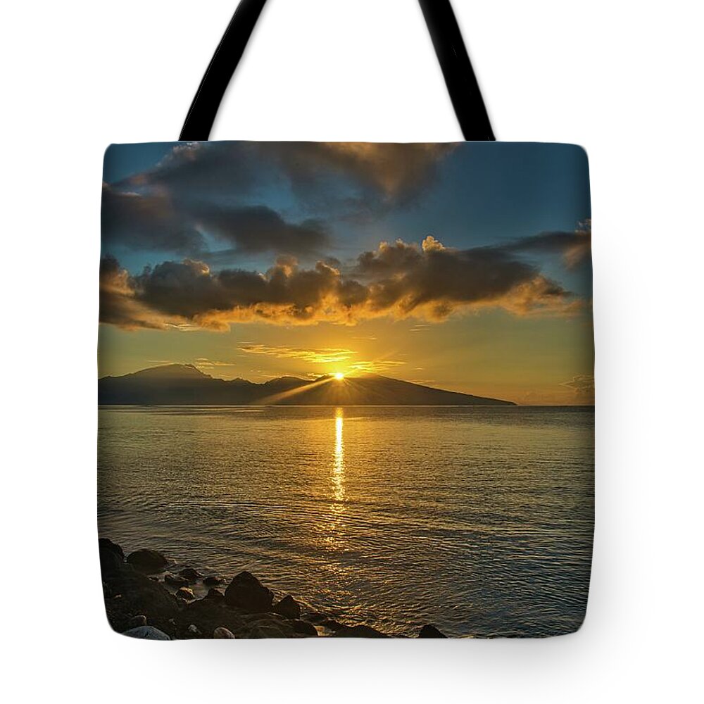 Tahitian Sunrise Tote Bag featuring the photograph Sunrise Sun Star Over Tahiti Island by Heidi Fickinger