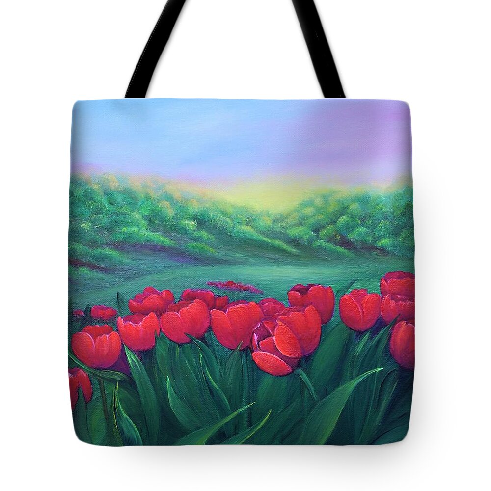 Tulips Wall Art Home Décor Art For Sale Oil Painting Original Art Framed Picture Art For Sale Red Tulips Wall Décor Gift Idea Sunrise Beautiful Day Canvas Oil Painting On Canvas Art Tote Bag featuring the painting Sunrise by Tanya Harr