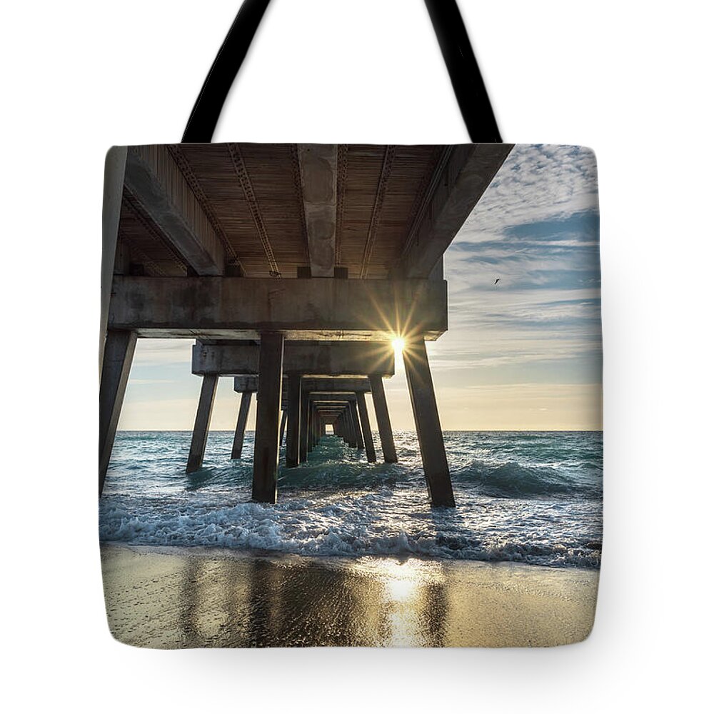 Juno Pier Tote Bag featuring the photograph Sunrise Under Juno Pier by Laura Fasulo