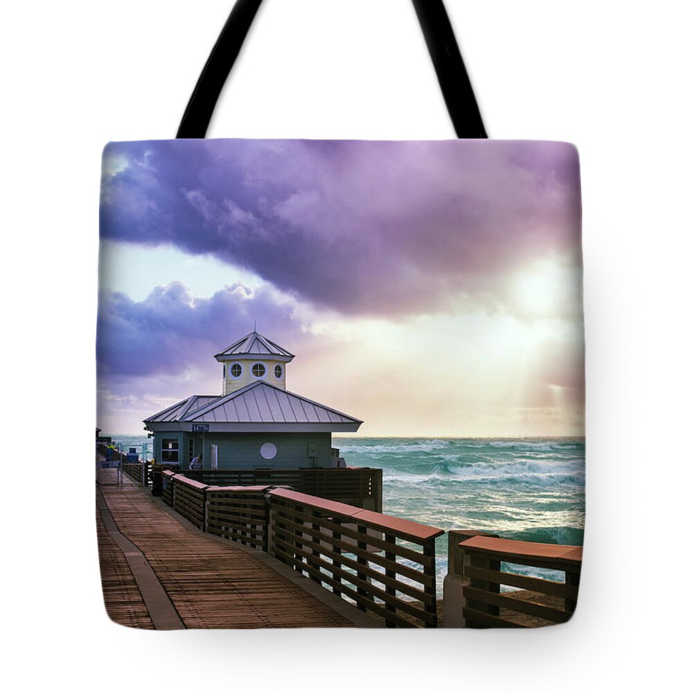 Beach Tote Bag featuring the photograph Sunrise Vibes - Juno Pier by Laura Fasulo