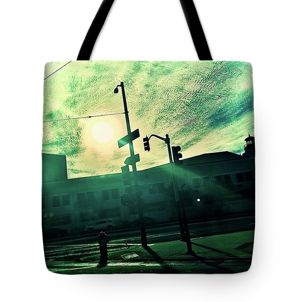 Sunscape Tote Bag featuring the photograph Sunscape by Bencasso Barnesquiat