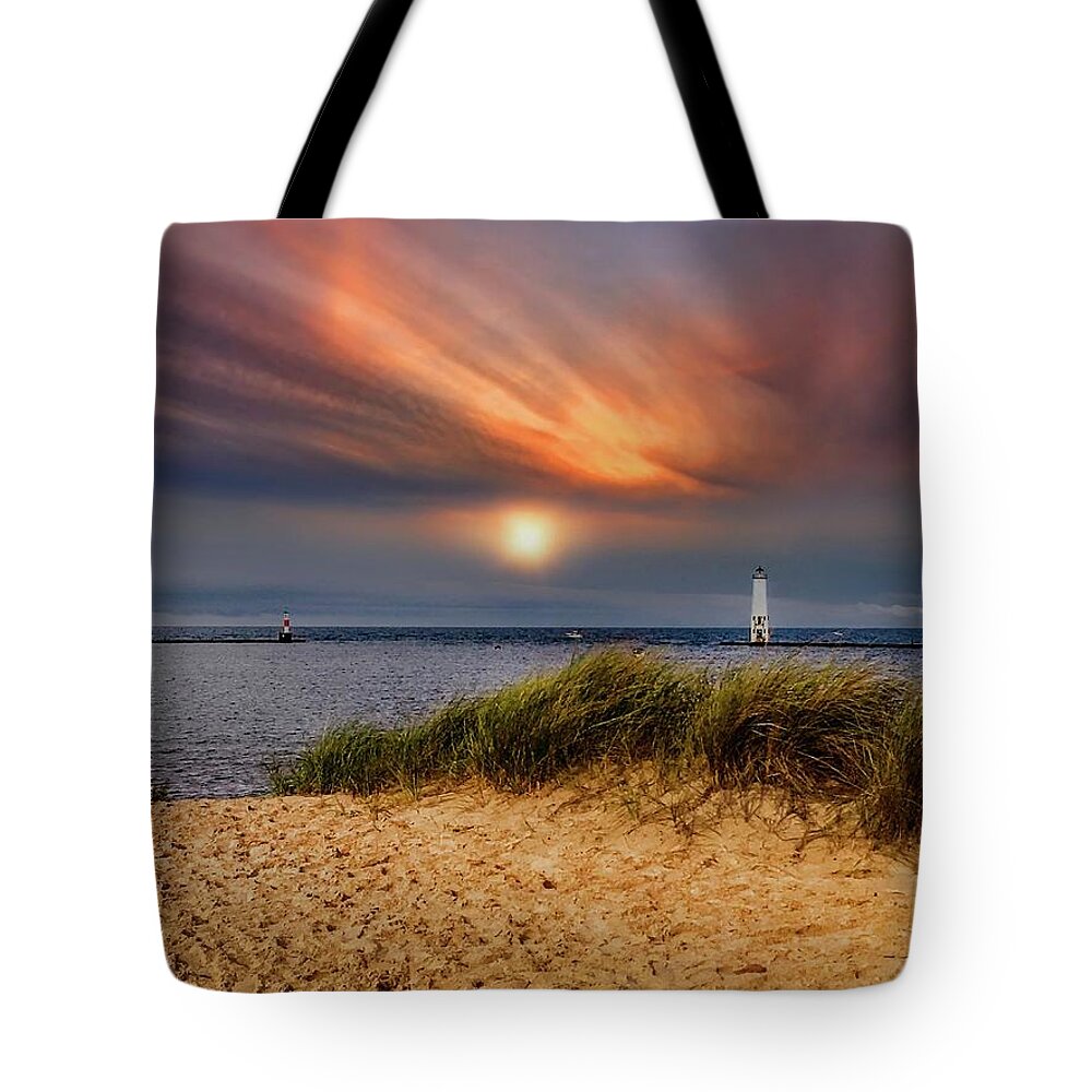 Northernmichigan Tote Bag featuring the photograph Sunset at Betsie Harbor Entrance IMG_3653 by Michael Thomas