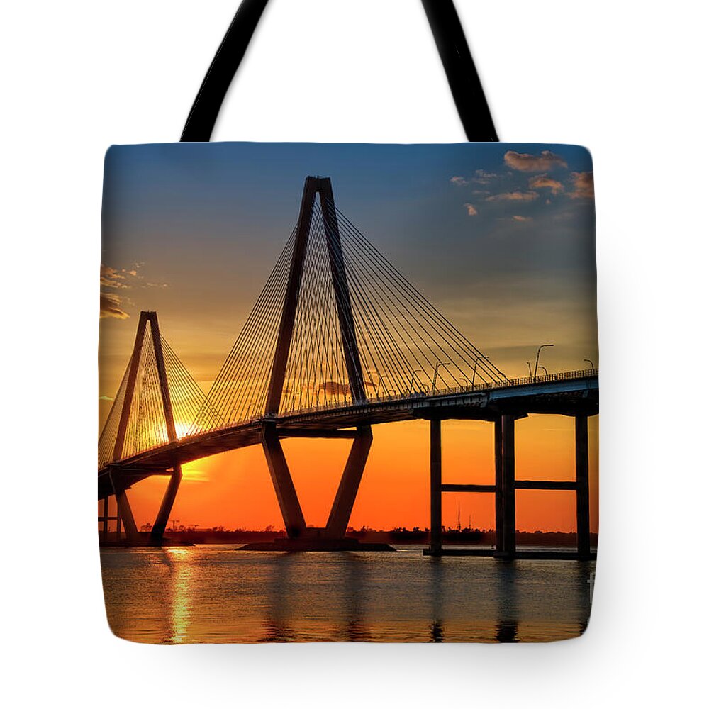 Ravenel Bridge Tote Bag featuring the photograph Sunset at Charleston by Shelia Hunt