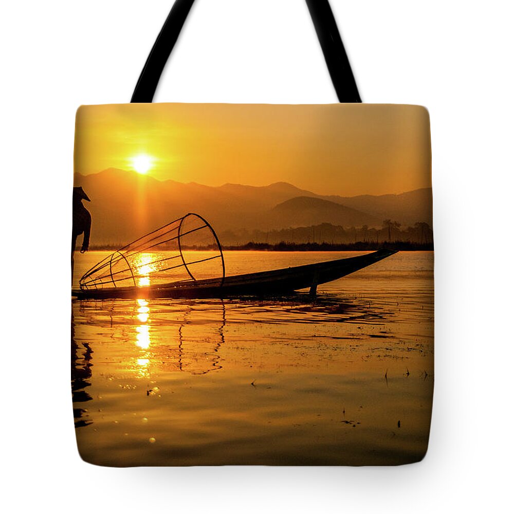 Inlelake Tote Bag featuring the photograph Sunset at Inle Lake by Arj Munoz