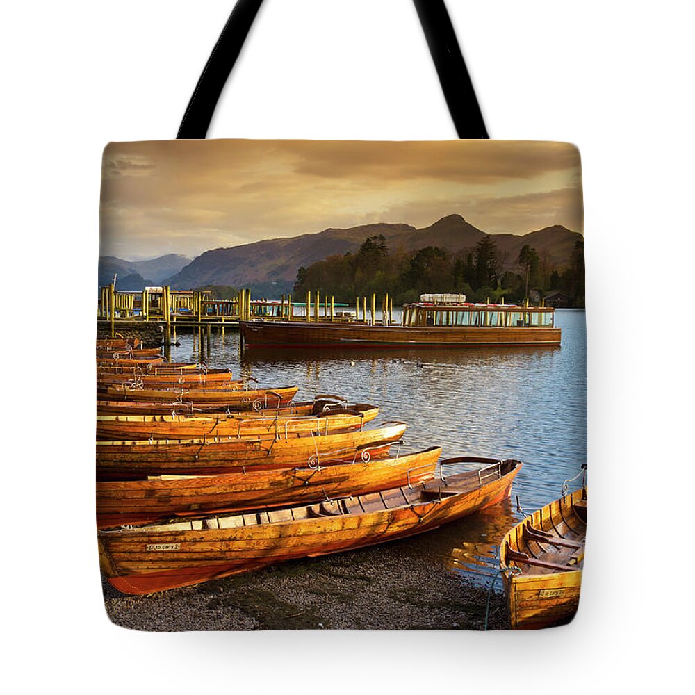 Derwentwater Tote Bag featuring the photograph Sunset at Keswick Landing Stages, Derwent Water, Lake District, Cumbria, England by Neale And Judith Clark
