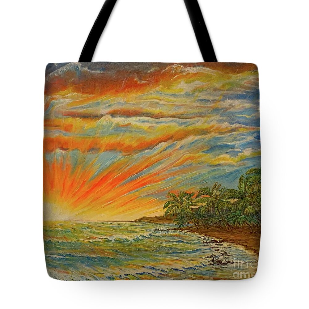 Brilliant Sunset Beach Sunset Tote Bag featuring the painting Sunset at Kumu nul Kahakai by Michael Silbaugh