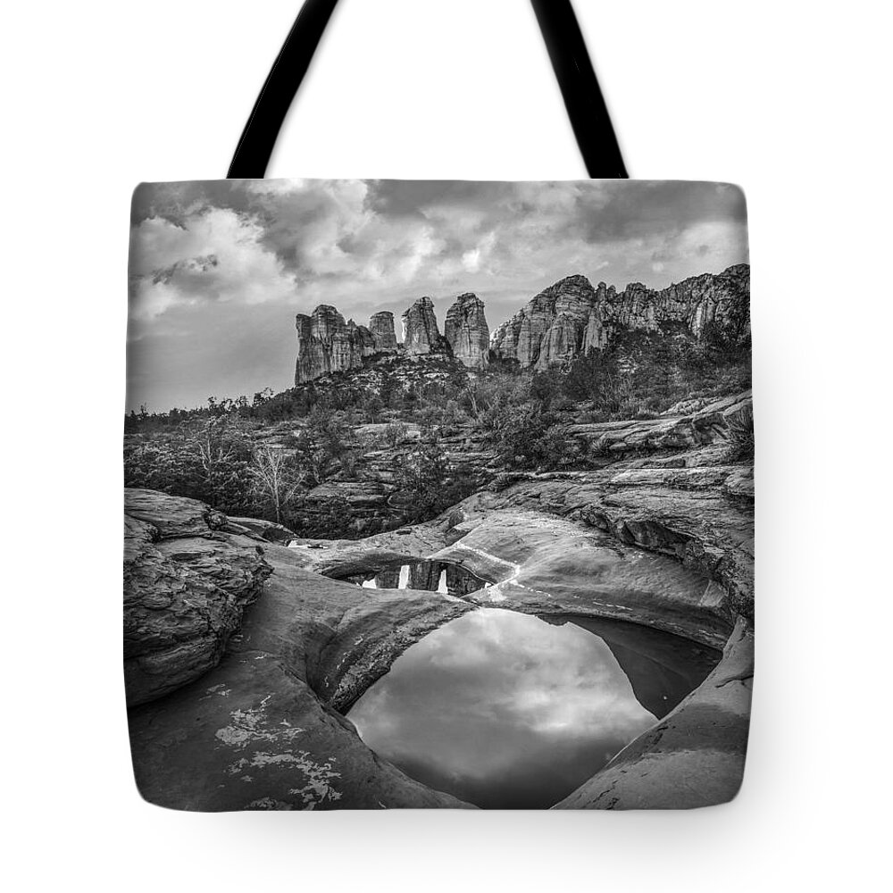 Reflection Inspirational Weather Prange Heavens Scenic And Lands Tote Bag featuring the photograph Sunset at Seven Sacred Pools near Sedona, by Tim Fitzharris