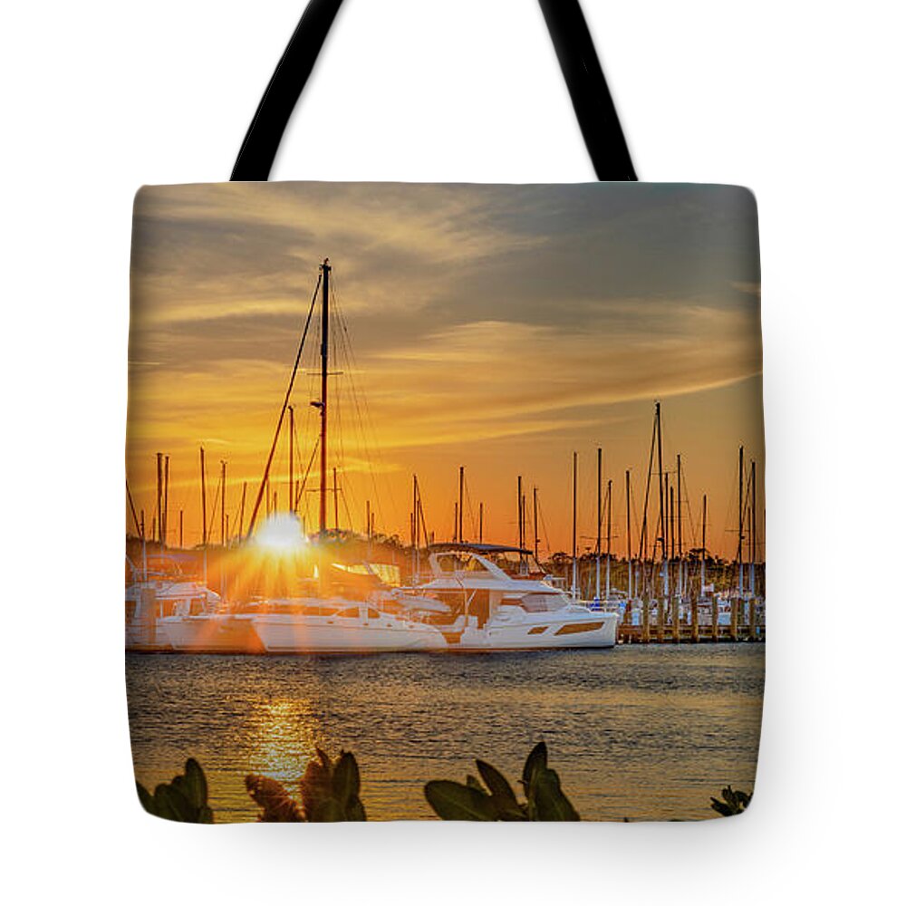 Titusville Tote Bag featuring the photograph Sunset at the Harbor by Gordon Elwell
