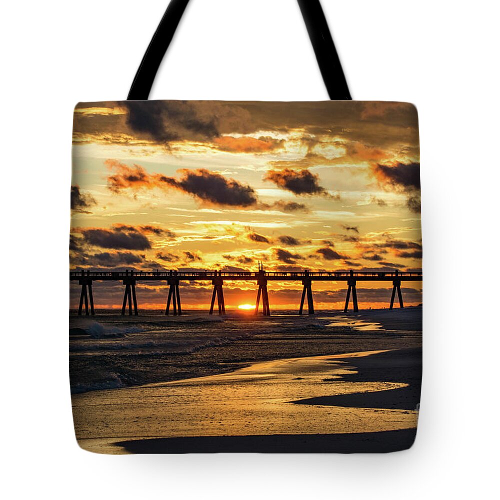 Sun Tote Bag featuring the photograph Sunset at the Pensacola Beach Fishing Pier by Beachtown Views