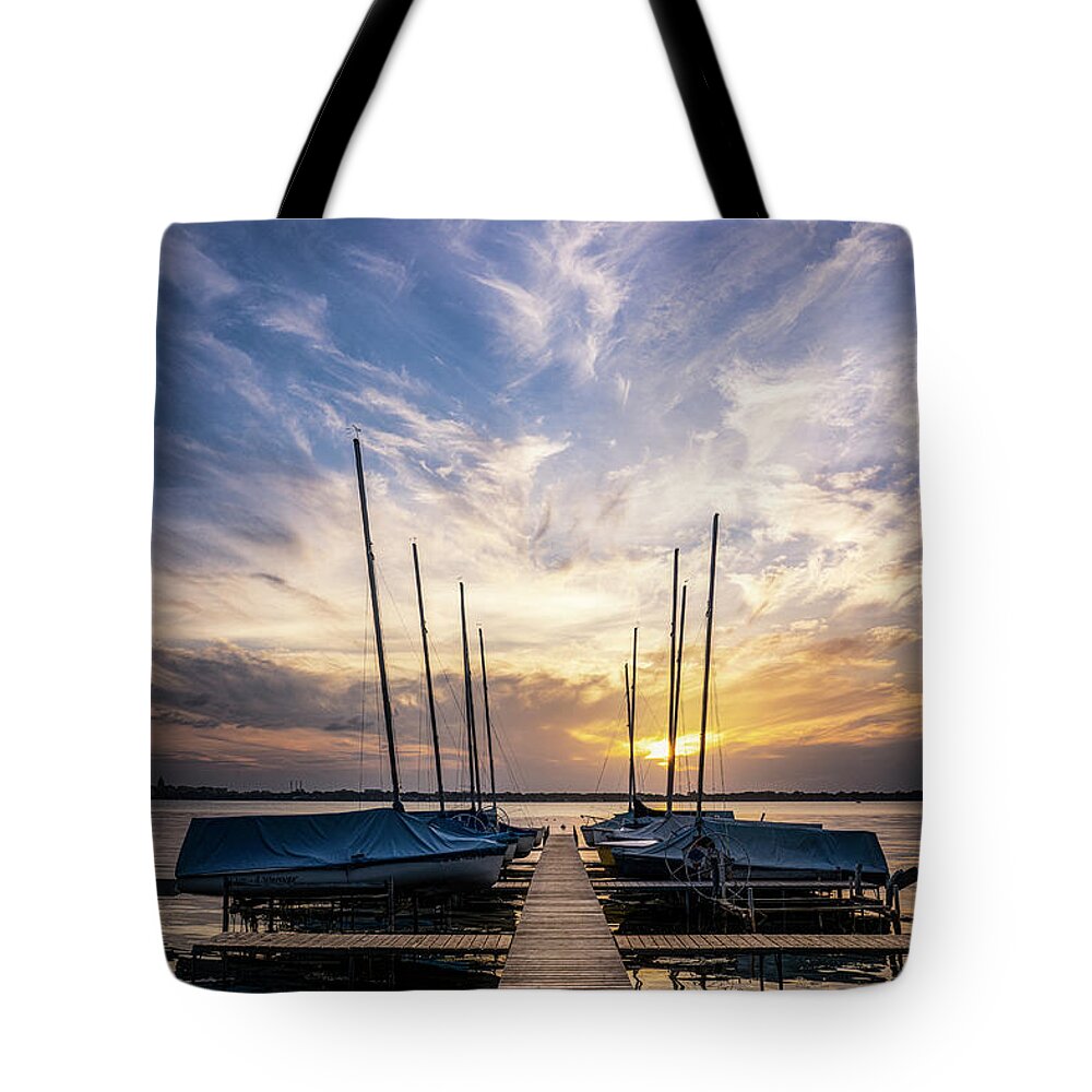 Sailboat Tote Bag featuring the photograph Sunset at the Pier by Nate Brack