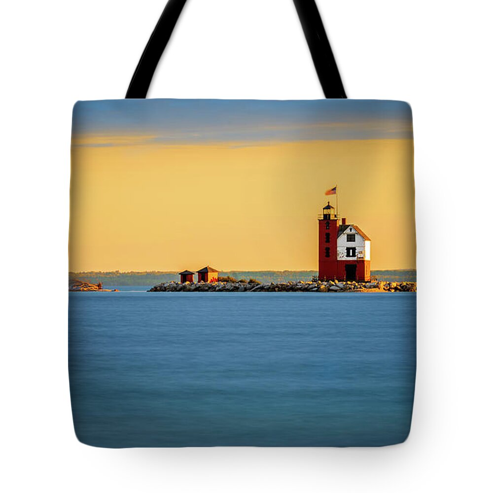 Sunset Tote Bag featuring the digital art Sunset at The Straits of Mackinac by Kevin McClish