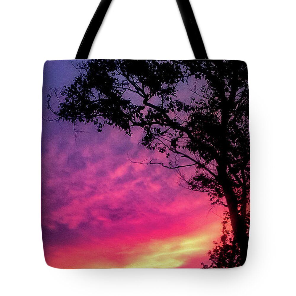Landscape  Sunset   Tote Bag featuring the photograph Sunset behind a tree by Kelsea Peet