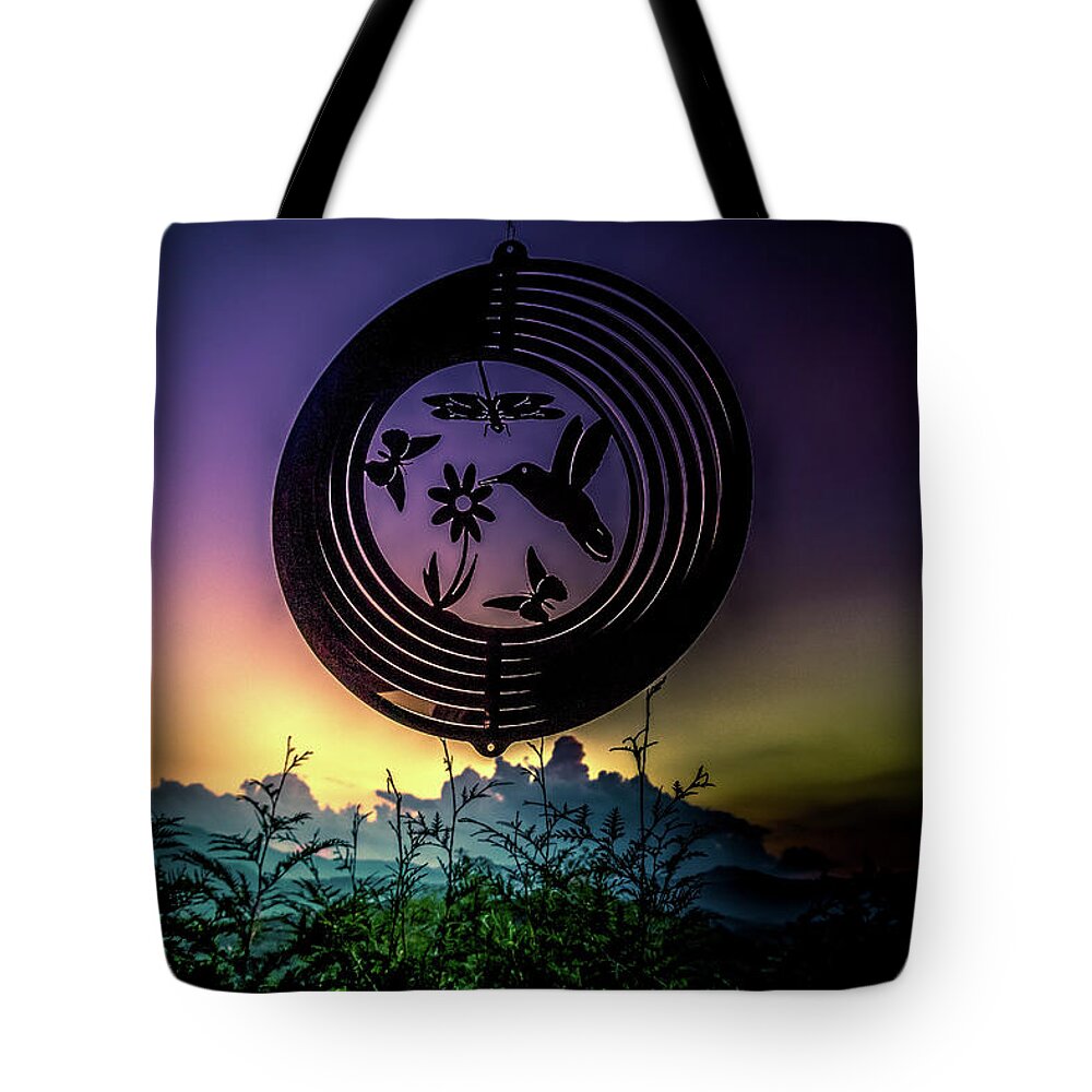 Windchime Tote Bag featuring the photograph Sunset Behind Windchime by Demetrai Johnson