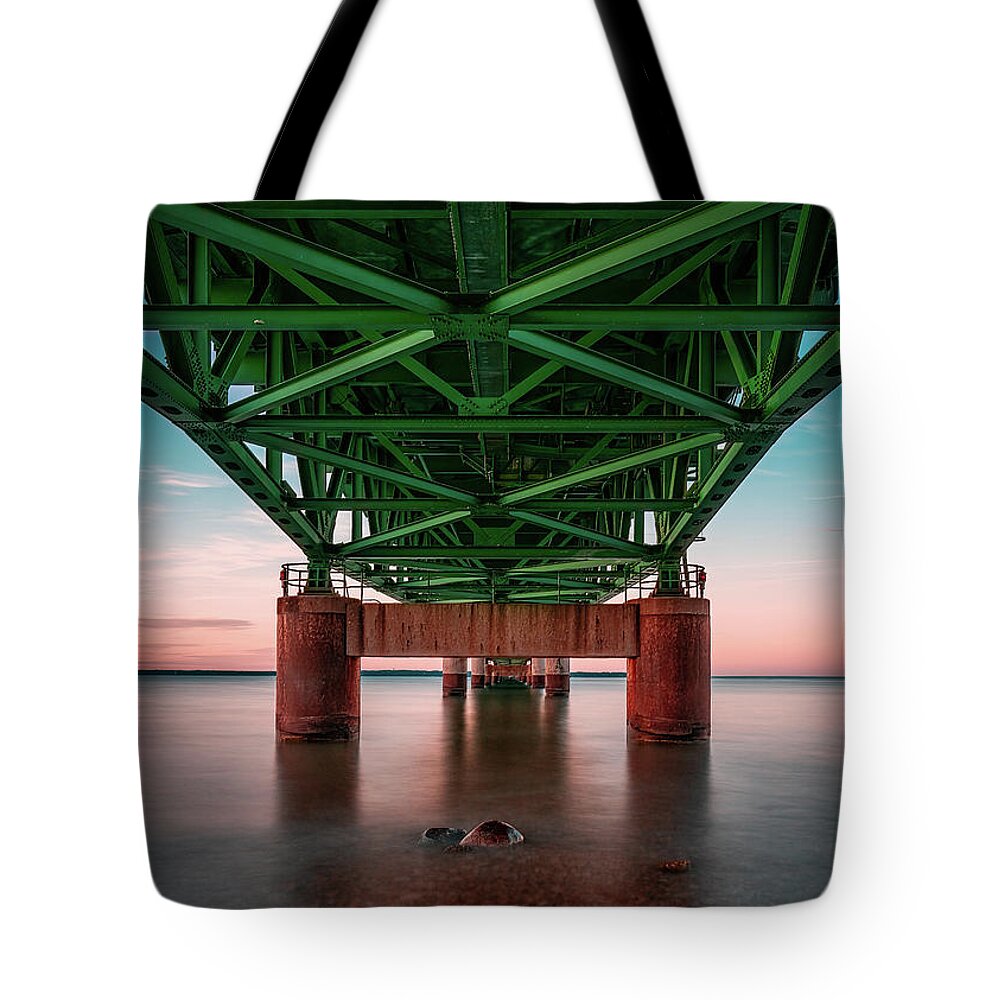 America Tote Bag featuring the digital art Sunset Beneath The Mackinac Bridge by Kevin McClish