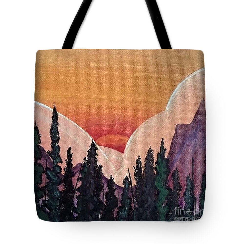 Sunset Tote Bag featuring the painting Sunset Between Mountains by April Reilly