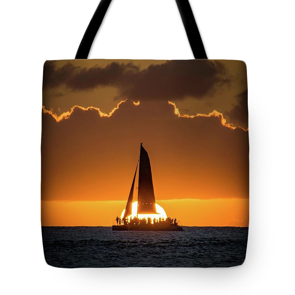 Catamaran Tote Bag featuring the photograph Sunset Cruise by Larkin's Balcony Photography