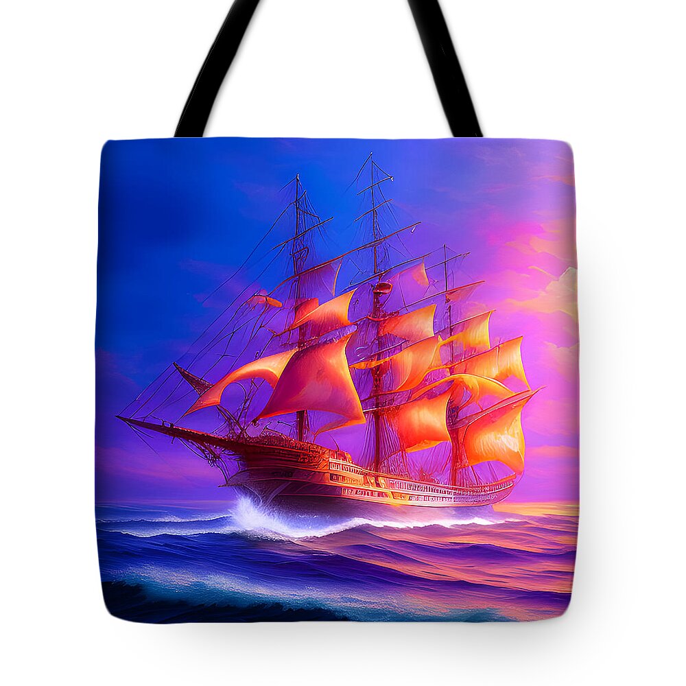 Ghost Ship Tote Bag featuring the digital art Sunset Ghost Ship by Lisa Pearlman