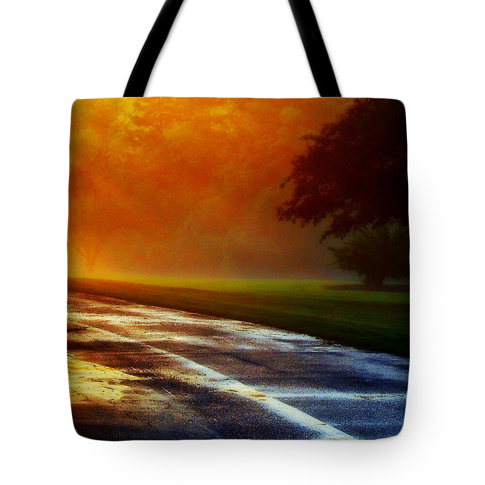 Sunset Tote Bag featuring the photograph Sunset Glint In The Mist by Tami Quigley