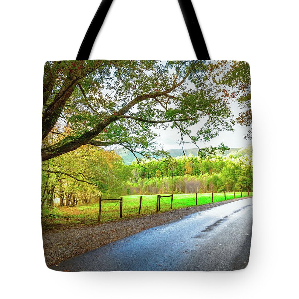 Trail Tote Bag featuring the photograph Sunset in Cades Cove Early Autumn by Debra and Dave Vanderlaan