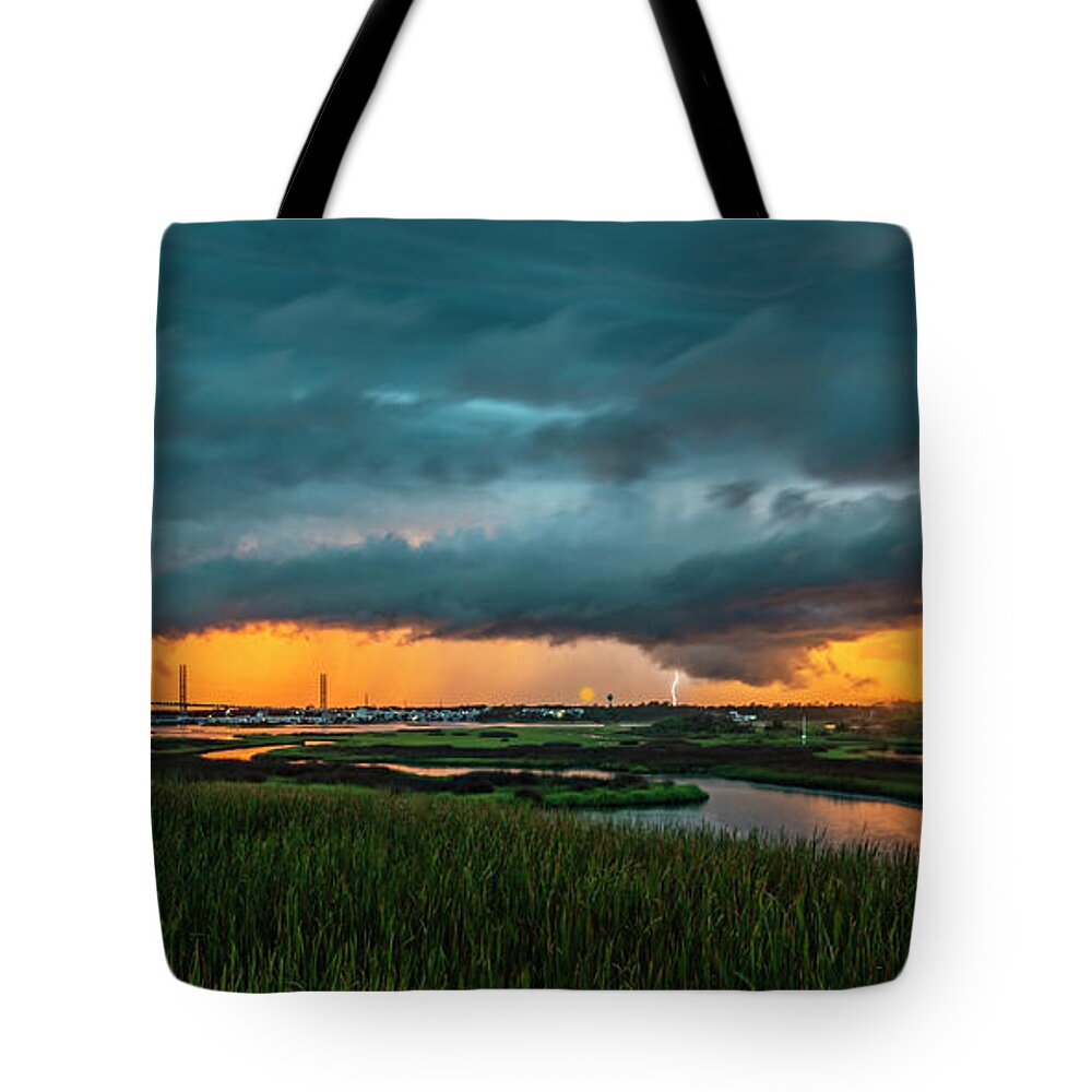 Sunset Tote Bag featuring the photograph Sunset Lightning by DJA Images