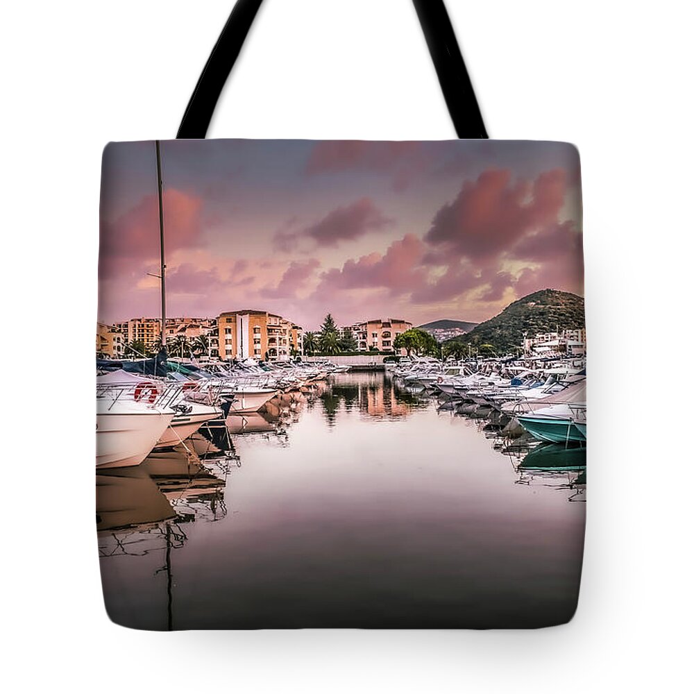 Marina Tote Bag featuring the photograph Sunset Marina by Chris Boulton