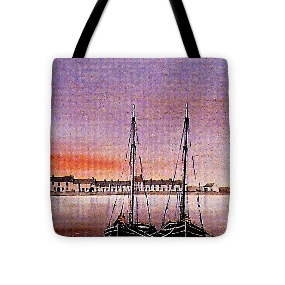  Tote Bag featuring the painting Sunset on the cladagh Galway by Val Byrne