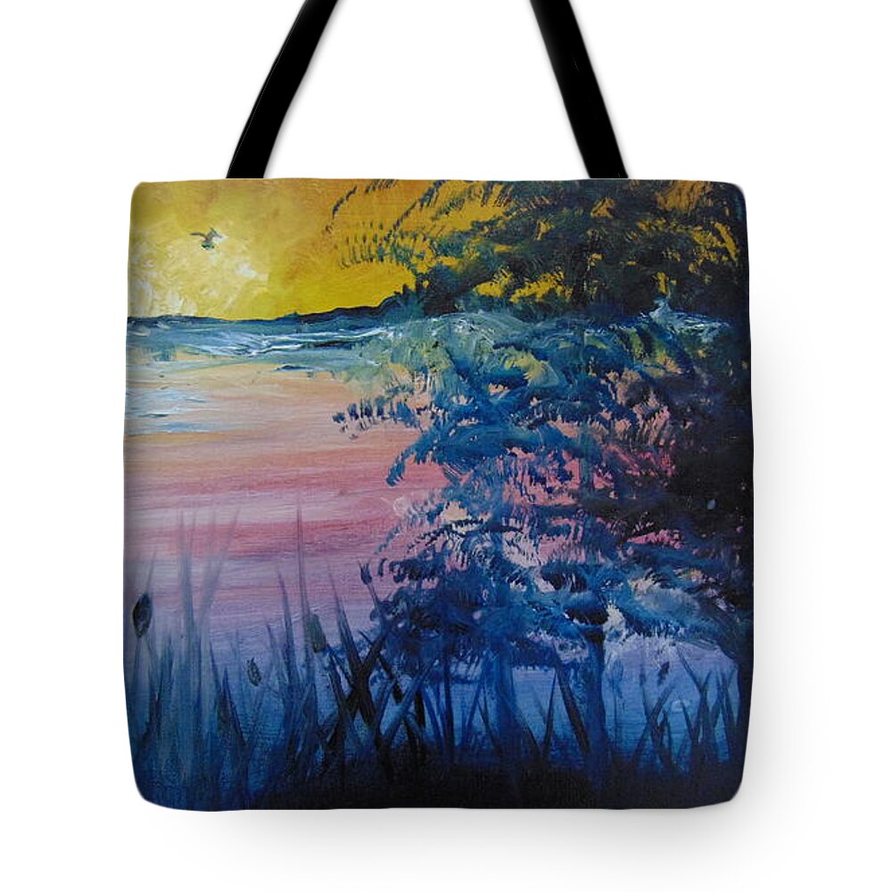 Lake Tote Bag featuring the painting Sunset on the Lake by Saundra Johnson