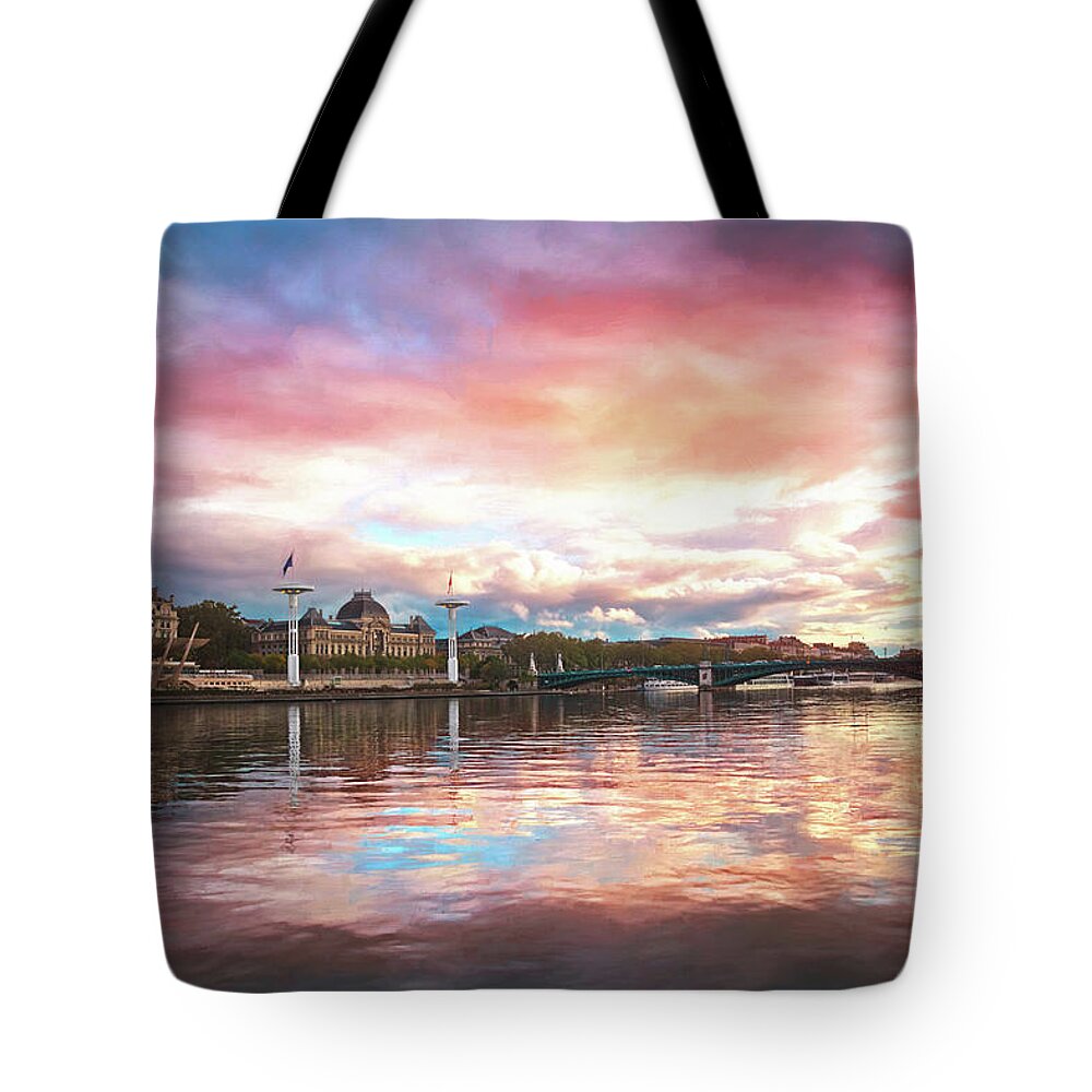 Lyon Tote Bag featuring the photograph Sunset on the Rhone River Lyon France by Carol Japp