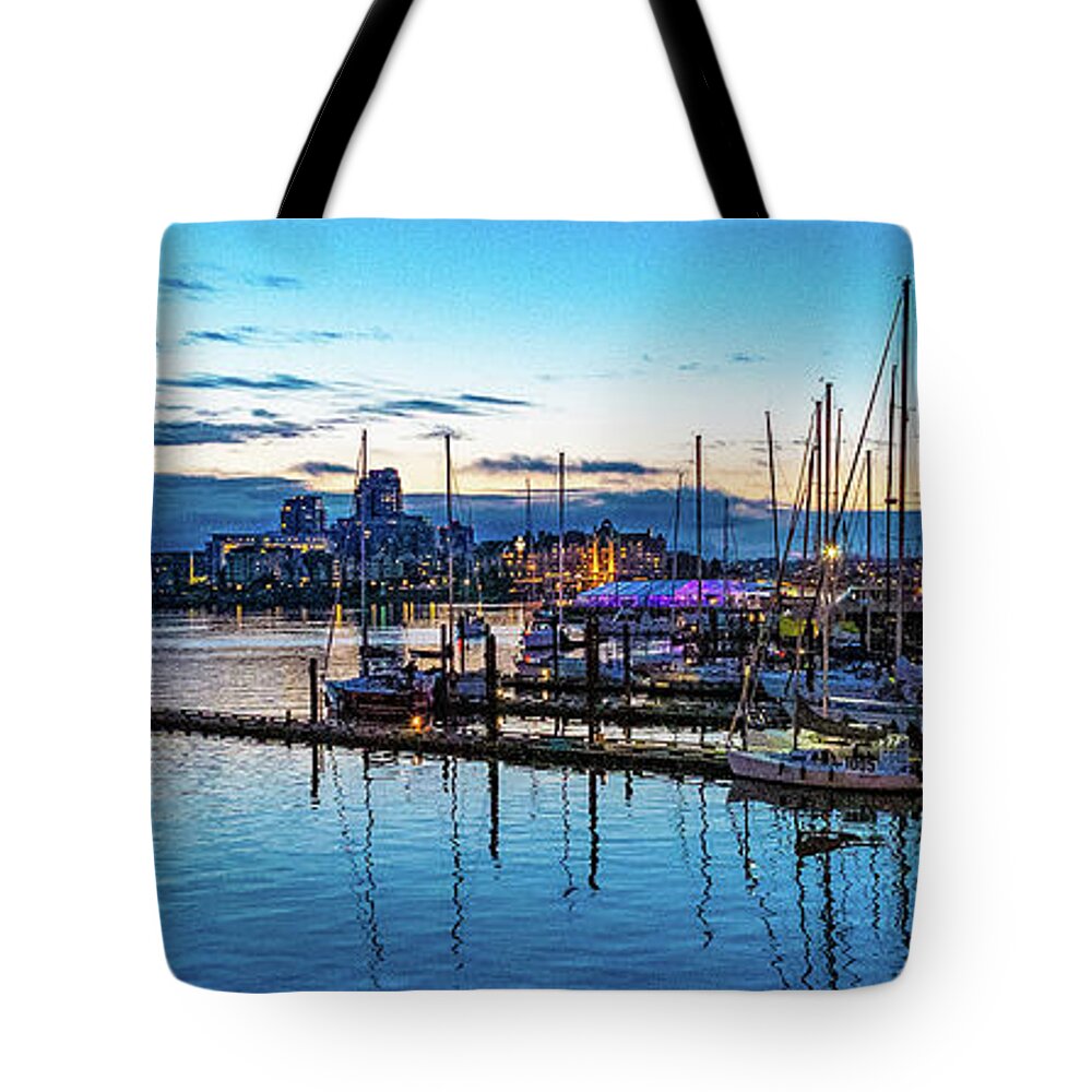 Sunset Tote Bag featuring the digital art Sunset over a Harbor in Victoria British Columbia by SnapHappy Photos
