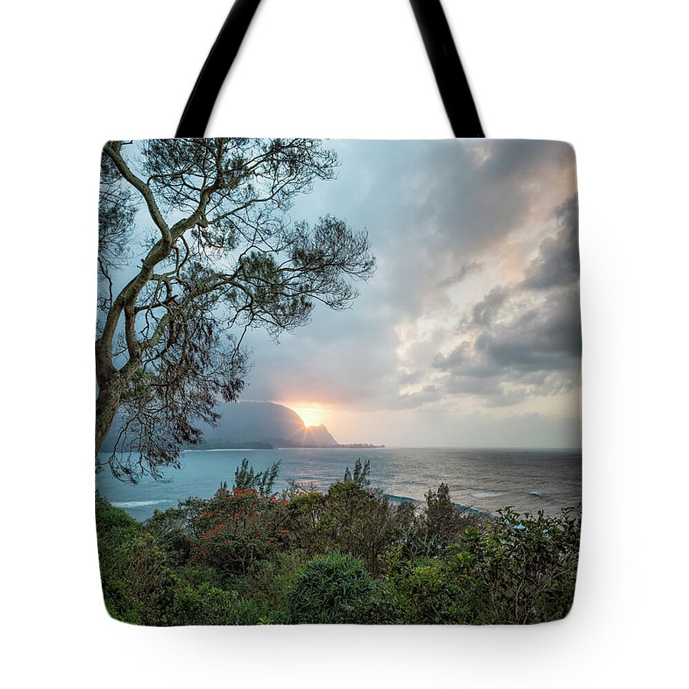 Hanalei Bay Tote Bag featuring the photograph Sunset Over Hanalei Bay from St Regis by Belinda Greb
