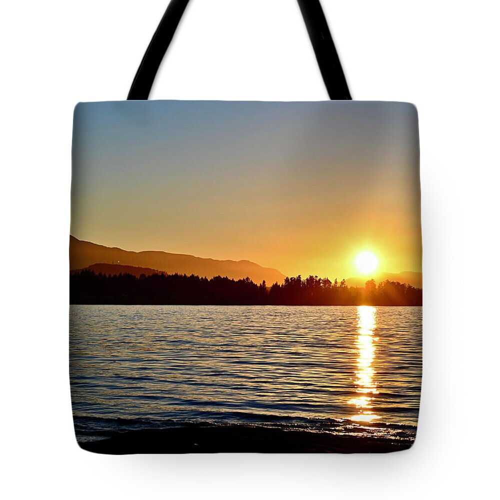 Sunset Over Madrona Point From Beachcomber Upon Nanoose. Tote Bag featuring the photograph Sunset over Madrona Point from Beachcomber upon Nanoose. by Brian Sereda