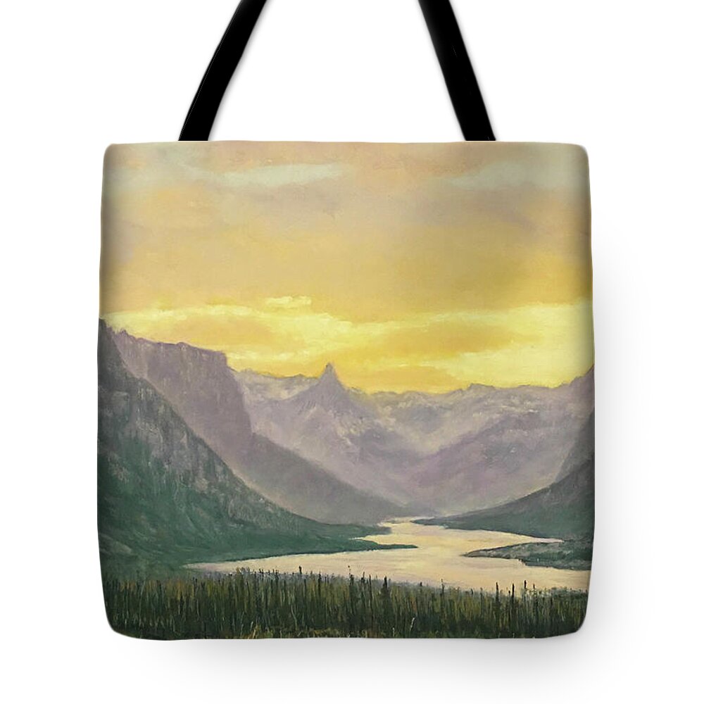 East Glacier Park Tote Bag featuring the pastel Sunset Over St. Mary by Lee Tisch Bialczak