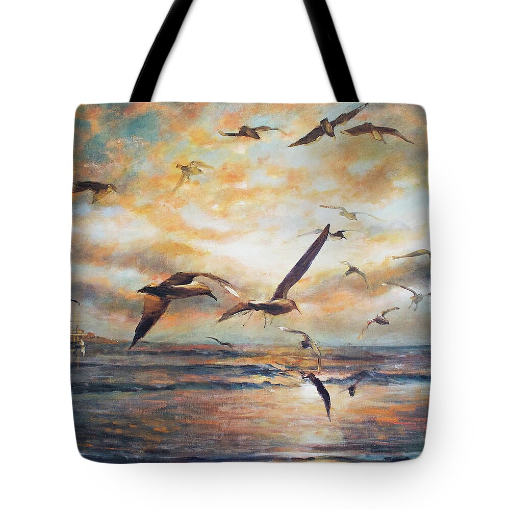 Seagull Jonathan Livingstone Tote Bag featuring the painting Sunset over the sea by Vali Irina Ciobanu