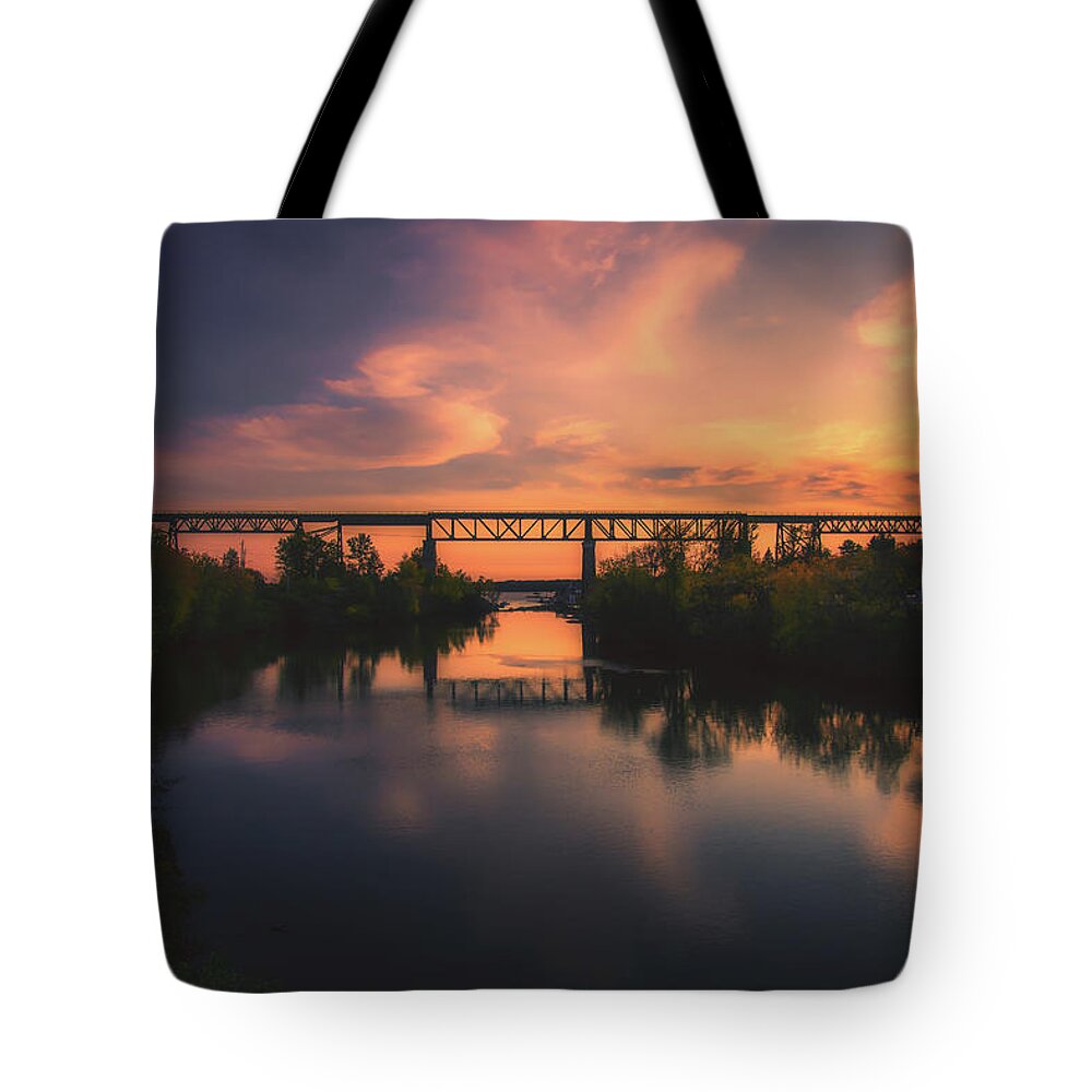 Parry Sound Tote Bag featuring the photograph Sunset over the Trestle and River by Jay Smith