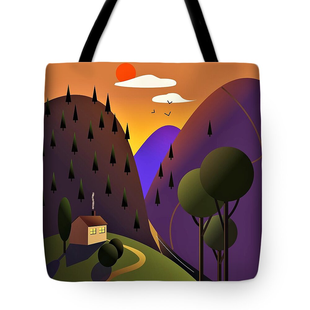 Valley Tote Bag featuring the digital art Sunset over the valley by Fatline Graphic Art