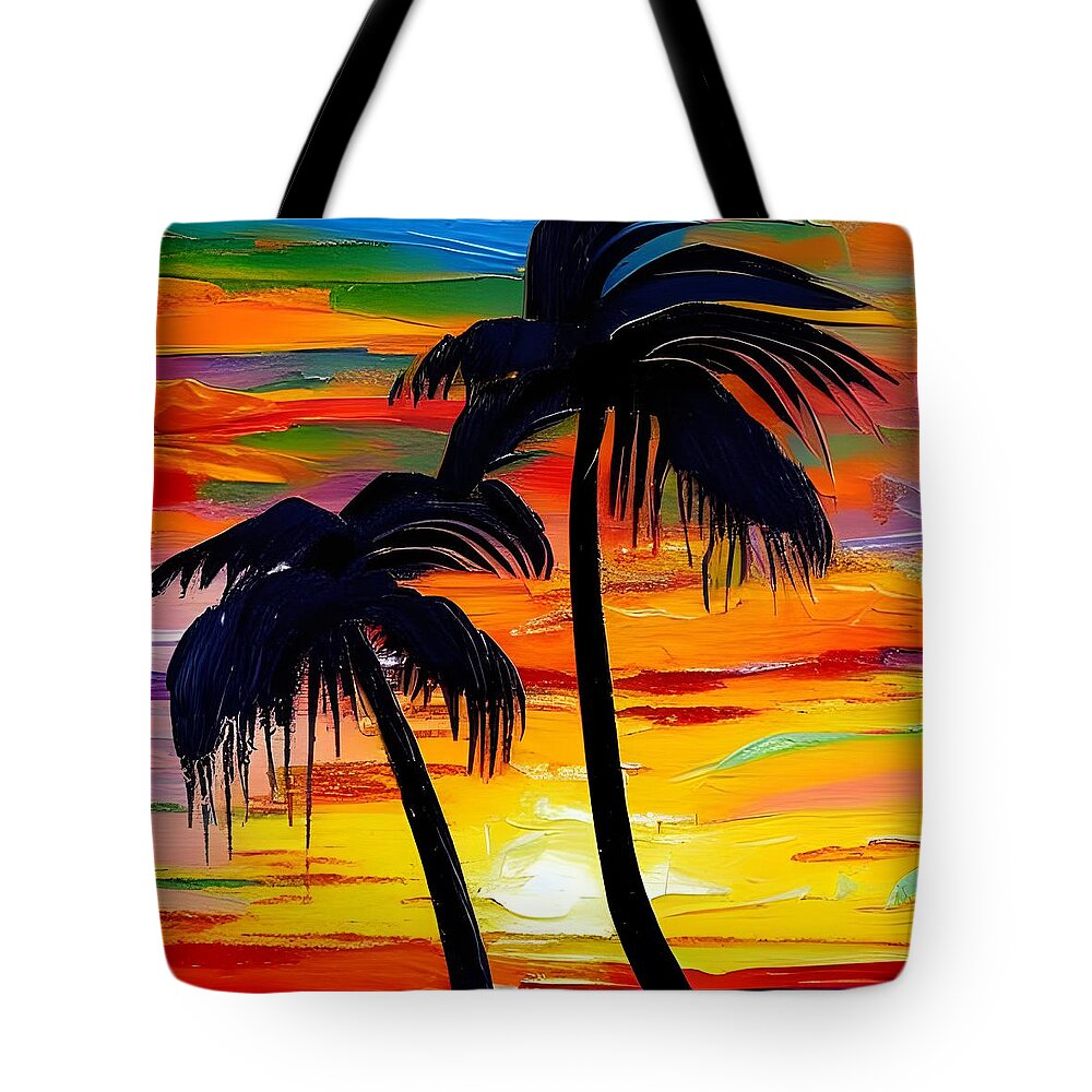 Sunset Tote Bag featuring the digital art Sunset Palms by Katrina Gunn